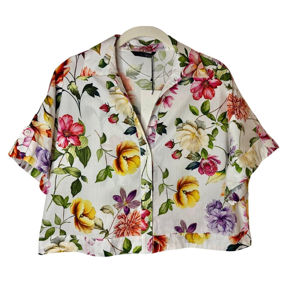 NWT Zara floral-print cropped boxy oversized short sleeves white shirt sz. XS - Picture 3 of 9